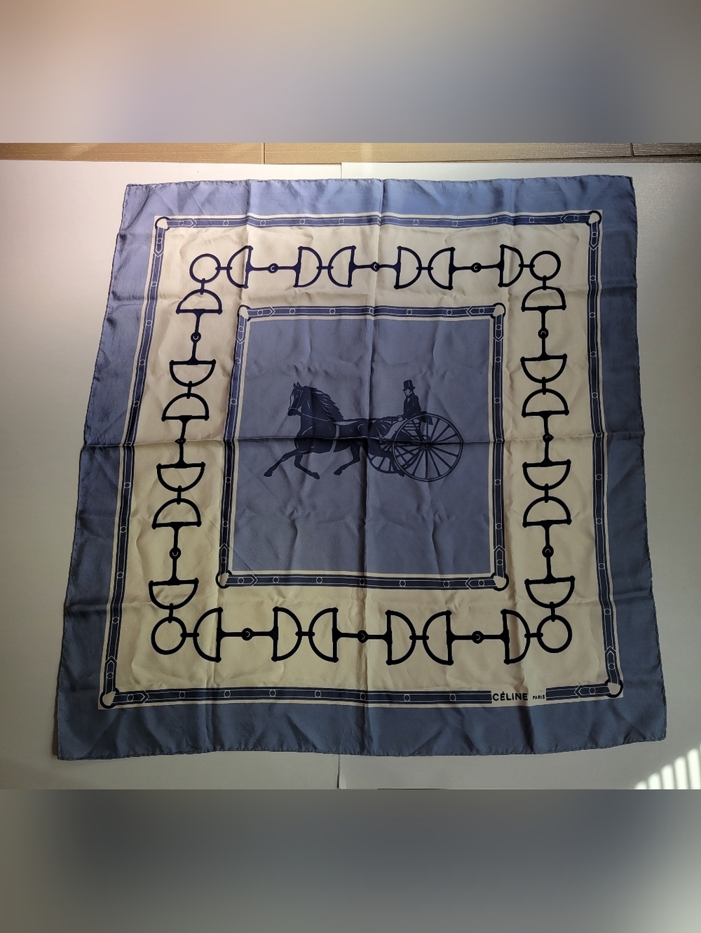 Celine  Vintage Silk Scarf - Blue & Cream Horse & Carriage Motif.